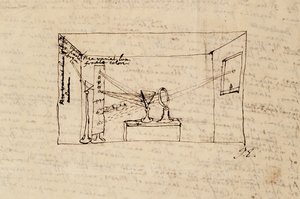 Ms. New Coll 3612 fol.45v Rysunek tak zwanego eksperymentu kluczowego, który pokazuje światło słoneczne załamane przez jeden pryzmat, a następnie załamane przez inny pryzmat (pióro i atrament na papierze
