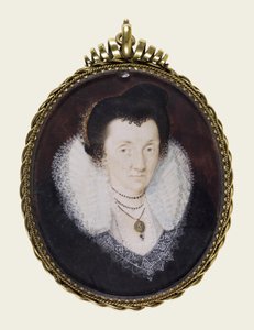 Lady Anne Bacon, ok. 1600 (nieprzezroczysta akwarela i złocenia na welinie) autorstwa Isaac Oliver