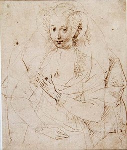 Portret nieznanej damy, formalnie zwanej Lucy Harrington, hrabina Bedford, szkic do miniatury (nr 3902) ok. 1605 (pióro i atrament, kreda na papierze) (patrz także 58811) autorstwa Isaac Oliver