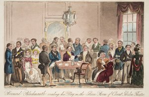 Bernard Blackmantle czytający swoją sztukę w Green Room of Covent Garden Theatre z The English Spy, wyd. 1824 (grawerowanie ręcznie kolorowane) autorstwa Isaac Robert Cruikshank