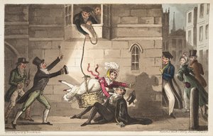Capping a Proctor, czyli psy Oxford Bull wykrywające Brazen Smugglers, z The English Spy, opublikowane w Londynie, 1824 (ręcznie kolorowane grawerunki) autorstwa Isaac Robert Cruikshank