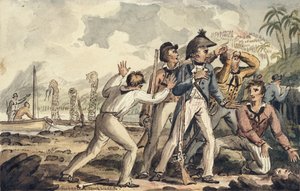 Kapitan Burney odkrywa swoich zamordowanych członków statku, ilustracja z filmu „Podróże kapitana Cooka” autorstwa Isaac Robert Cruikshank