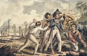 Kapitan Burney odkrywa swoich zamordowanych członków statku, z Podróży kapitana Cooka autorstwa Isaac Robert Cruikshank