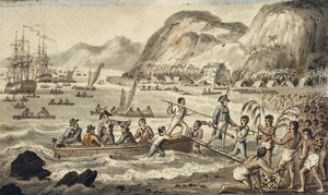 Kapitan Cook ląduje w Owyhee, ilustracja z filmu „Podróże kapitana Cooka” autorstwa Isaac Robert Cruikshank