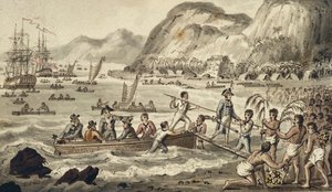 Kapitan Cook Landing „n Owyhee”, z Podróży kapitana Cooka autorstwa Isaac Robert Cruikshank