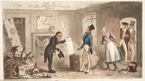 College Comforts, Freshman przejmujący swoje pokoje, z The English Spy, wyd. 1824 (grawerowanie ręcznie kolorowane) autorstwa Isaac Robert Cruikshank