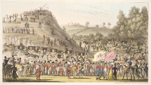 Eton Montem i góra, Salt Hill, z The English Spy, wyd. 1824 (grawerowanie ręcznie kolorowane) autorstwa Isaac Robert Cruikshank