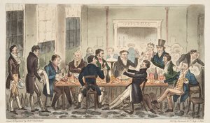 Wieczór i w High Spirits, scena w Longs Hotel, Bond Street, z pubu The English Spy. 1824 (grawerowanie ręcznie kolorowane) autorstwa Isaac Robert Cruikshank