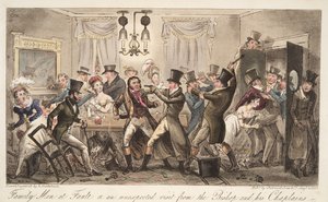 Family Men at Fault, czyli niespodziewana wizyta biskupa i jego kapelanów, z The English Spy, wyd. 1824 (grawerowanie ręcznie kolorowane) autorstwa Isaac Robert Cruikshank