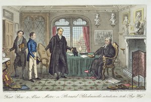 First Bow to Alma Mater, czyli wprowadzenie Bernarda Blackmantle do Big Wig, z „The English Spy” Charlesa Molloya Westmacotta (1788-1868) opublikowanego w Londynie, 1825 autorstwa Isaac Robert Cruikshank