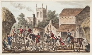 Wychodzić; Widok hodowli Berkeley Hunt, z książki The English Spy opublikowanej w 1824 r. (ręcznie kolorowane grawerowanie) autorstwa Isaac Robert Cruikshank