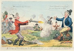 Killing no Murder, czyli nowy ministerialny sposób uregulowania spraw Narodu!, 1809 (akwaforta kolorowa) autorstwa Isaac Robert Cruikshank