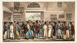 Poniedziałek po Wielkim St Leger, czyli Heroes of the Turf Płacenie i otrzymywanie w Tattersalls, z The English Spy, wyd. 1824 (grawerowanie ręcznie kolorowane) autorstwa Isaac Robert Cruikshank