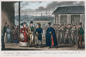Wspaniały Jem wśród skazańców w stoczni marynarki wojennej w Chatham, Kent, 1821 autorstwa Isaac Robert Cruikshank