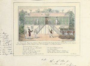 Aresztowanie Johna Morgana Esq., kupca, Singapur, październik 1824, przez Johna Crawford Esq., rezydenta, byłego doktora ds. usług dla przedsiębiorstw, zmarłego ambasadora przy sądzie, Bangkok, Syjam, i Umrapoorah, Imperium Birmańskie, maj 1827 autorstwa Isaac Robert Cruikshank