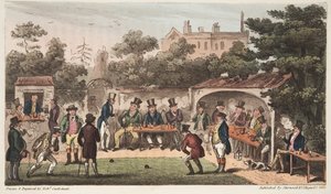 The Bowling Alley, Worcester lub Characters of the Hand and Glove Club, z The English Spy, opublikowane w Londynie, 1824 (ręka grawerowana kolorowo) autorstwa Isaac Robert Cruikshank