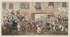 Komiksowa procesja z The English Spy, wyd. 1824 (rycina ręcznie kolorowana) Gloucester do Berkeley, z The English Spy, wyd. 1824 (grawerowanie ręcznie kolorowane) autorstwa Isaac Robert Cruikshank