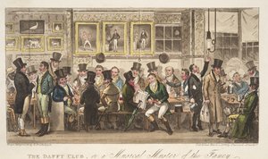 The Daffy Club, czyli Musical Muster of the Fancy, z The English Spy, wyd. 1824 (grawerowanie ręcznie kolorowane) autorstwa Isaac Robert Cruikshank