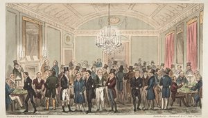 The Great Subscription Room w Brookes, z The English Spy, wyd. 1824 (grawerowanie ręcznie kolorowane) autorstwa Isaac Robert Cruikshank