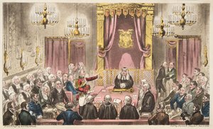 The House of Lords in High Debate, z The English Spy, wyd. 1824 (grawerowanie ręcznie kolorowane) autorstwa Isaac Robert Cruikshank