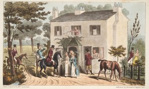 The Oakland Cottages, Cheltenham lub Fox Hunters i ich ulubieńcy, z The English Spy, wyd. 1824 (grawerowanie ręcznie kolorowane) autorstwa Isaac Robert Cruikshank