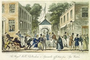 Royal Wells, Cheltenham, czyli spazmatyczne uczucia dla wody uzdrowiskowej, 1825 r autorstwa Isaac Robert Cruikshank