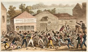The Tea Pot Row at Harrow lub Battle of Hog Lane, z The English Spy, wyd. 1824 (grawerowanie ręcznie kolorowane) autorstwa Isaac Robert Cruikshank