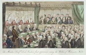 Dziewiczy brief, pierwszy występ Dicka Gradusa wśród godnych Westminster Hall, opublikowany 1824 autorstwa Isaac Robert Cruikshank