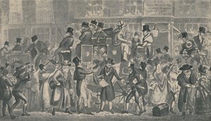 Poza piwnicą pod White Horse, Piccadilly, 1821, 1920. Artyści: Isaac Robert Cruikshank, George Cruikshank. autorstwa Isaac, Robert and George Cruikshank