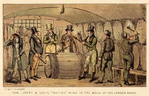 Tom, Jerry i Logic, degustacja wina w lesie w londyńskich dokach autorstwa Isaac, Robert and George Cruikshank