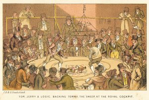 Tom, Jerry i Logic, wspierający Tommy’ego The Sweep w Royal Cockpit autorstwa Isaac, Robert and George Cruikshank