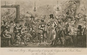 Tom i Jerry w przebraniu wśród twardzielów w „tylnych slumsach” w Ziemi Świętej autorstwa Isaac, Robert and George Cruikshank
