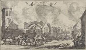 Wojska francuskie maszerują plądrując i strzelając przez ruiny wsi Nigtevcht, 1672 Seria trzynastu obrazów wiosek i zamków w prowincji Utrecht zniszczonych przez Francuzów w 1672 r. (tytuł serii) autorstwa Isaac Sorious