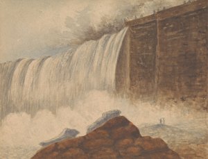 Widok wodospadu Niagara z dwiema postaciami na skale na prawym pierwszym planie autorstwa Isaac Weld