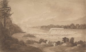 Widok na wodospad Niagara z wodospadami w tle, po prawej i krajobraz z domami na pierwszym planie autorstwa Isaac Weld