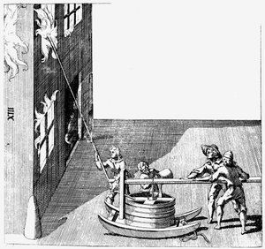 Wóz strażacki, z Isaac de Caus Nouvelle Invention de Lever l’Eau Plus Hault, 1664