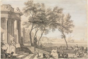 Fantastyczna scena portowa z architekturą i postaciami autorstwa Isaac de Moucheron
