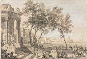 Fantastyczna scena portowa z architekturą i postaciami, 1713.