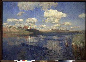 Jezioro. Widok na rozległe jezioro otoczone trzciną, na brzegach wieś i pola uprawne. Obraz Izaaka (Izaaka) Iljicza Lewitana (1860-1900), olej na płótnie autorstwa Isaak Ilyich Levitan