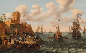 Holenderski trójmistrz i galera papieska z innymi żeglugami wzdłuż wybrzeża ufortyfikowanego miasta, ok. 1662 (olej na panelu) autorstwa Isaak Willaerts