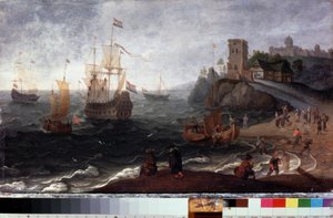 Targ rybny na plaży (targ rybny nad brzegiem morza). Obraz Izaaka Willaertsa (1620-1693). Olej na drewnie, 35,5 x 67 cm, ok. 1640. Sztuka holenderska XVII wieku. Państwowe Muzeum Historii i Sztuki, Serpukhov (Rosja). autorstwa Isaak Willaerts