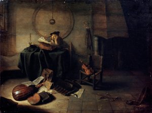 „Melancholia II naukowiec w pracowni”, malarstwo holenderskie z XVII wieku autorstwa Isaak de Jouderville