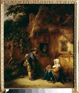 Rozmowa przed chłopskim domem. Obraz Izaaka Van Ostade (1621-1649)