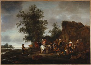 Podróżni odświeżający się w tawernie nad rzeką, 1664 autorstwa Isack van Ostade