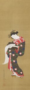 Junge Frau liest eine Schriftrolle autorstwa Ishikawa Toyonobu