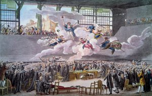 Rewolucja Francuska: „” Le oath du jeu de Paume le 20 juin 1789”” Posłowie przysięgają, że nie będą się rozdzielać, dopóki konstytucja nie zostanie poprawiona. Grawerowanie Isidore Helmana (1743-1809) 1789 Paryż, B.N.