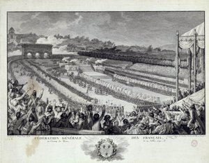 Rewolucja Francuska: widok festynu Generalnej Federacji Departamentów Francuskich na Polach Marsowych w Paryżu w dniu 14.07.1791. Ilustracja Isidore Helmana (1743-1809) XVIII-wieczny Paryż, Musee Carnavalet autorstwa Isidore Stanislas Helman