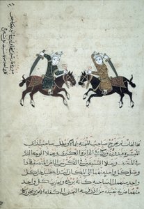 CBL Ar 5655.161 Dwóch szermierzy, ilustracja z kopii Nihayat al-Sul wa al-Umniya fi Taallum Amal al-Furusiyya, czyli Kompendium sztuk wojskowych, z Egiptu, 1366 autorstwa Islamic School