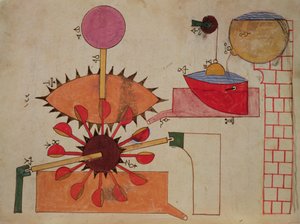 Schemat systemu pompowania wody do basenu, z Księgi Wiedzy o Pomysłowych Urządzeniach Mechanicznych Al-Jazari, 1206 autorstwa Islamic School