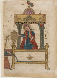 Automat do mycia rąk z mechanizmem spłukiwania, folio z Księgi Pomysłowych Urządzeń Mechanicznych; Al-Djazari, 1315 (nieprzezroczysta toaleta, tusz i złoto na papierze) autorstwa Islamic School